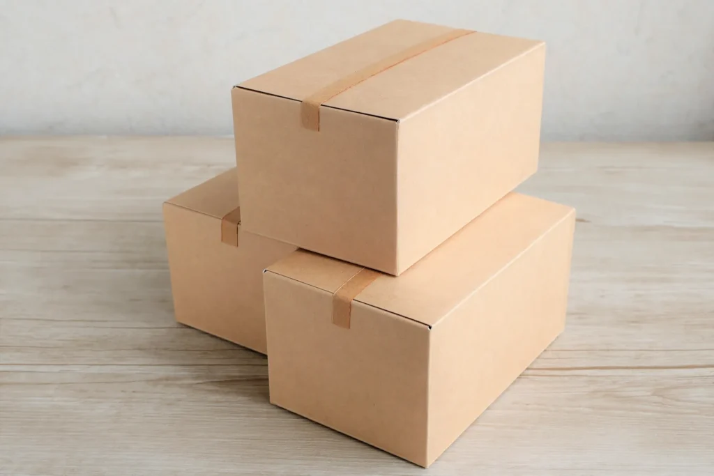 床に段ボールが3つ並べられた画像