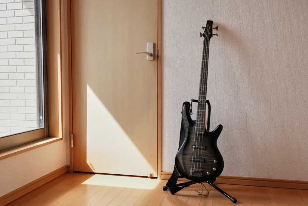 部屋の壁に立てかけられたギターの画像